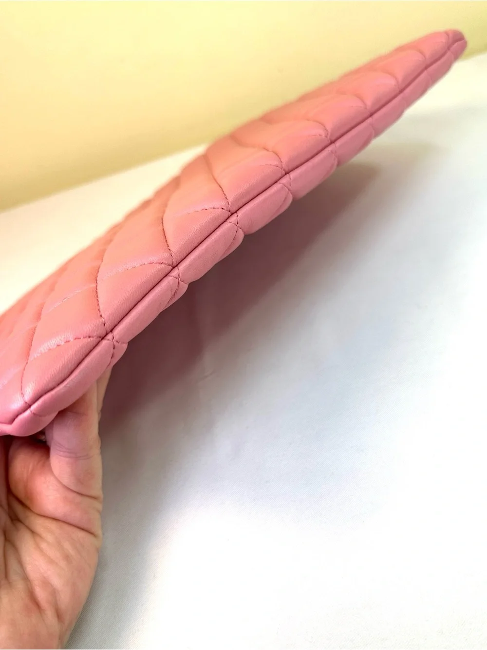 CHANEL Pink Quilted Lambskin Zip Pouch O-Case Fits Laptop, Box, card, #18 COA